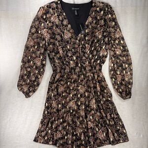 International Concepts Black Floral Long Sleeve V-Neck Dress Medium